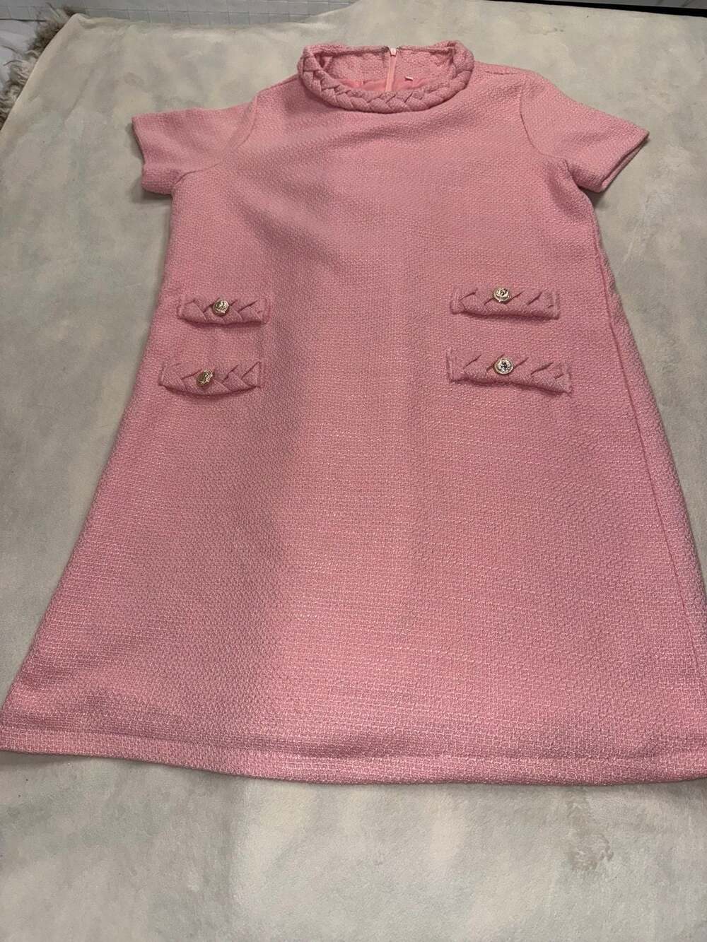 Pink Tweed Dress with Pearl Buttons